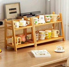 Bamboo 2 Tier Plant Stand Rack Flower Pot Holder Kitchen Spice Caddy Rack Desktop Organizer Coffee Bar Counter Display Shelf