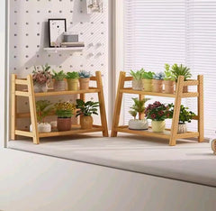 Bamboo 2 Tier Plant Stand Rack Flower Pot Holder Kitchen Spice Caddy Rack Desktop Organizer Coffee Bar Counter Display Shelf