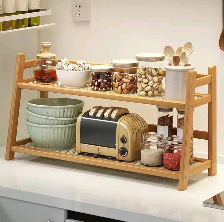 Bamboo 2 Tier Plant Stand Rack Flower Pot Holder Kitchen Spice Caddy Rack Desktop Organizer Coffee Bar Counter Display Shelf